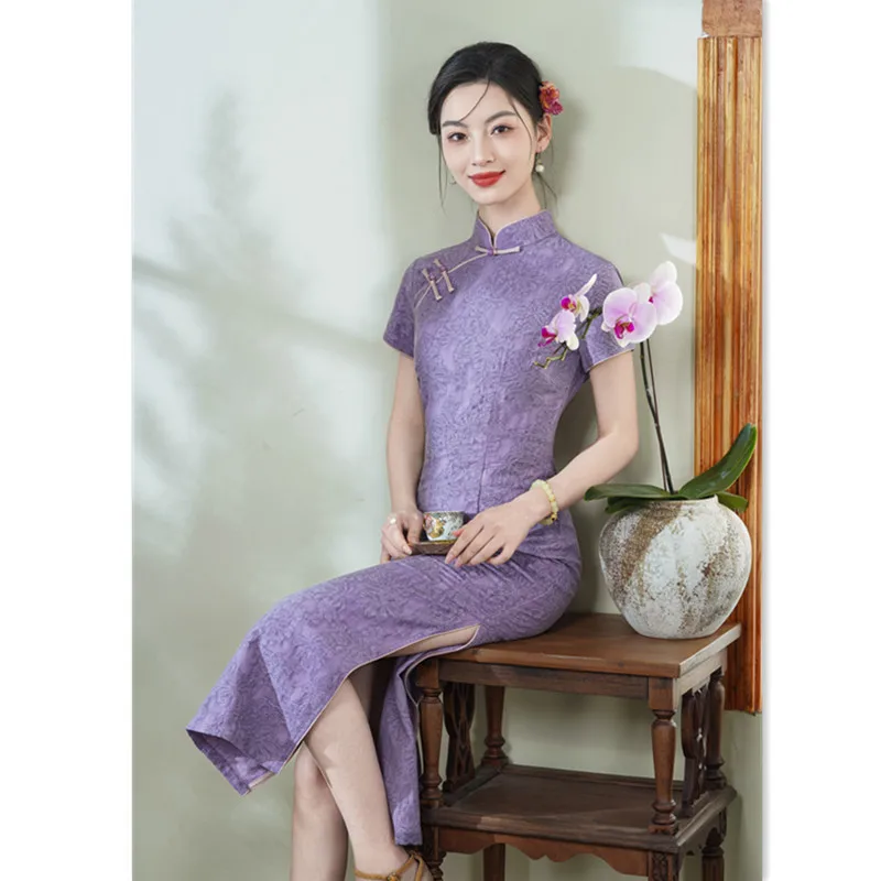 Yourqipao النمط الصيني مزاجه الأرجواني تحسين شيونغسام سليم الرجعية الأداء تشيباو مساء اللباس للنساء الطرف