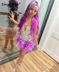 Sexy Sparkly Diamonds Short Prom Dress Glitter Crystals Rhinestone Beading Feathers Graduation Birthday Cocktail Party Customize