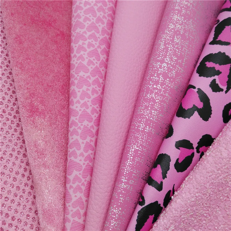 Pink Glitter Leather Sheets Suede Mesh Glitter Leather Hearts Printed Smooth Leather Litchi DIY Craft Sheets Mini Rolls W363