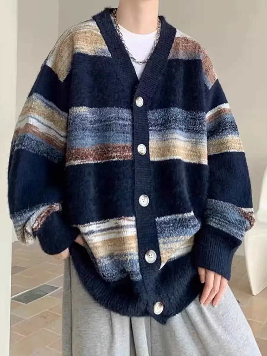 

Retro Japanese Sle Striped Open Cardigan Sweater Men Women Autumn Winter Lazy Sle Knitted Outerwear Casual Loose Fit