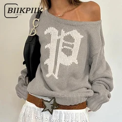 BIIKPIIK Off Shoulder luźny krój swetry moda list swetry oversize damskie casualowe w stylu Streetwear sweter strój jesienno-zimowy