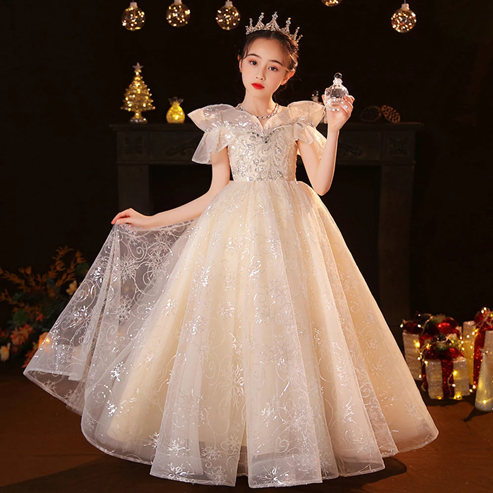 

3-10T Children Champagne Princess Dress Girls Light Luxury Shining Ruffles Off The Shoulder Sequins Prom Gown Long Party Vestido