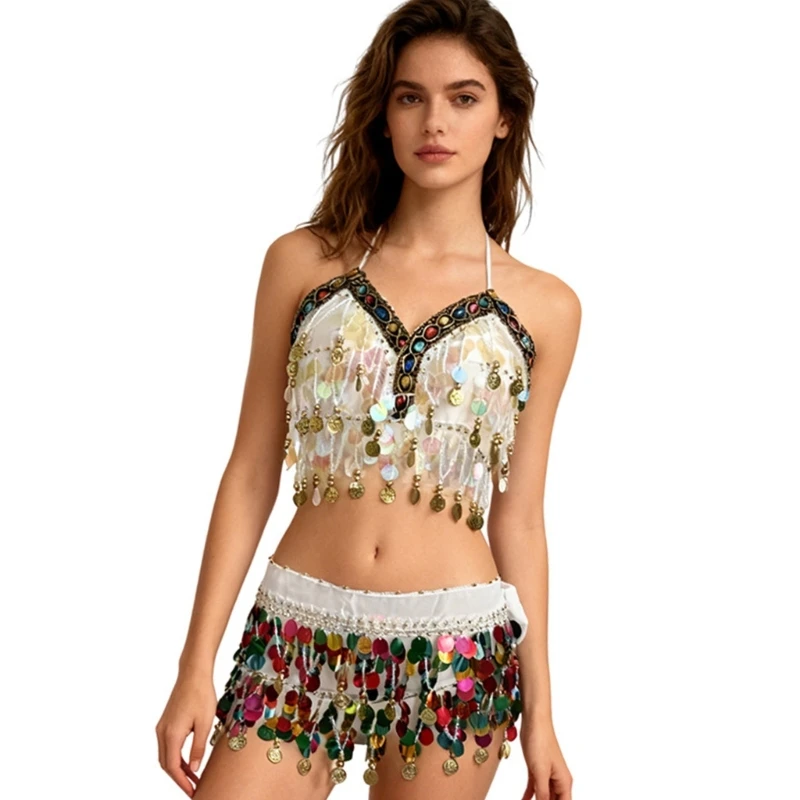 مجموعة أزياء الرقص الشرقي الاحترافية حمالة صدر مطرزة بالترتر ووشاح الورك للعروض المسرحية من نسيج البوليستر العملي #5