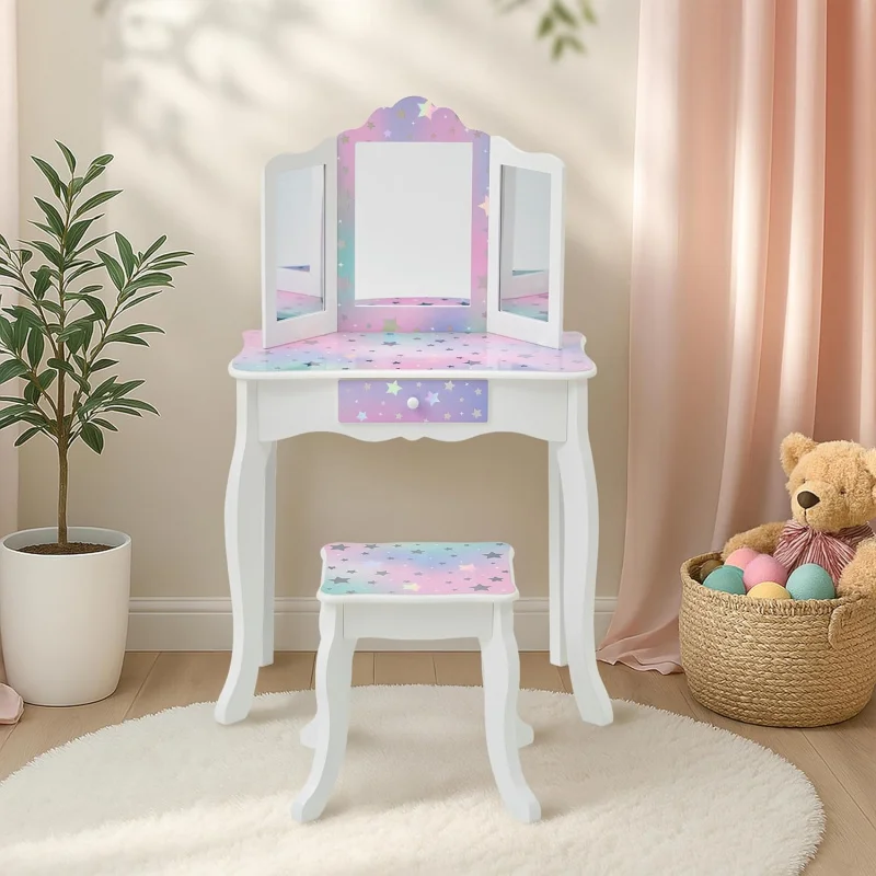 (UUX) Set Meja Rias dan Bangku, Meja Rias Anak dengan Cermin untuk Gadis Kecil, Meja Rias Anak dari Kayu T UQ