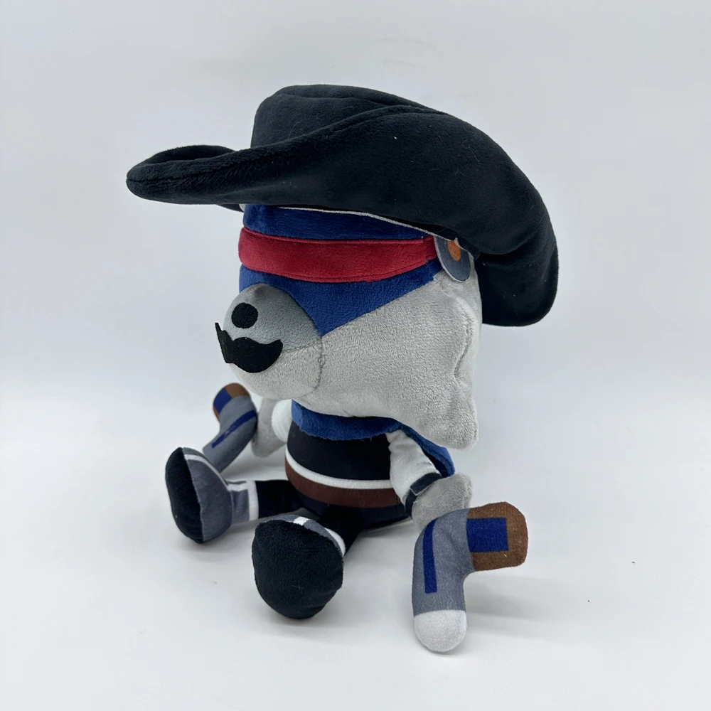 A wolf plush toy wearing a blue and red eye mask and a black hat is creatively designed to be cute and playful