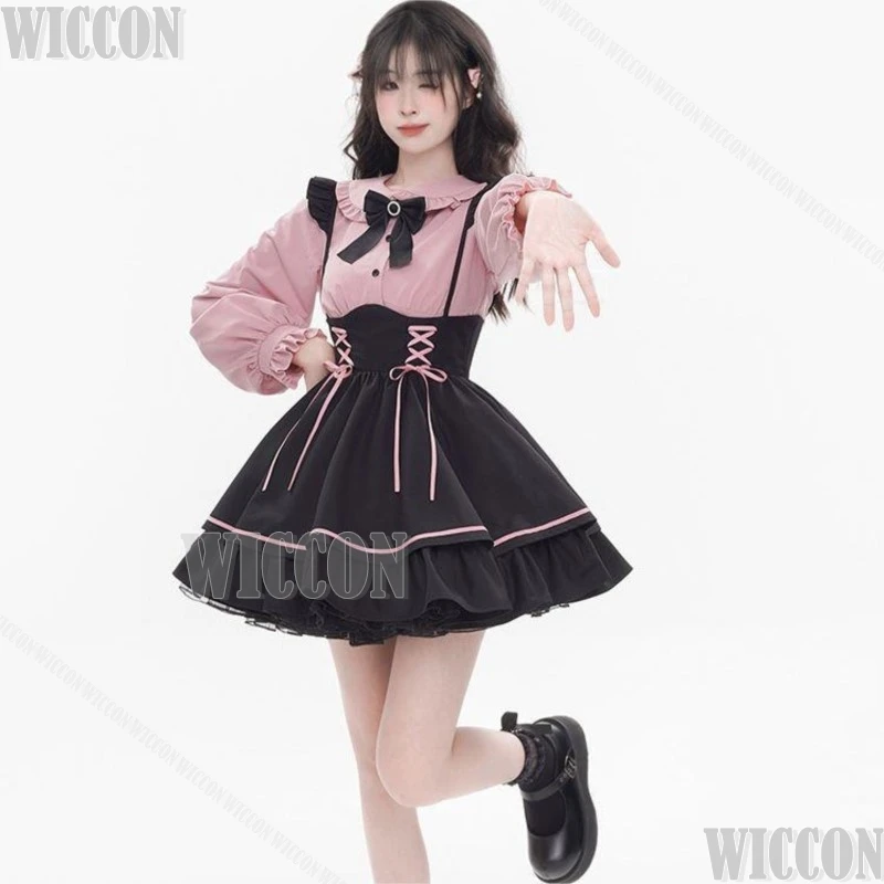 In Stock Jirai Kei Overall Dress Japanese Lolita Mine Style Pinafore Skirt Pink Kawaii y2k Kawai Sweet Bow Girly Belt Customized