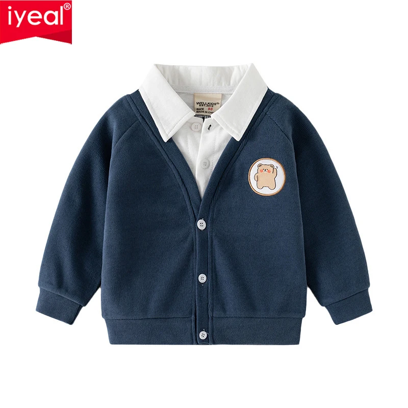 IYEAL Children's Fashion Long Sleeve Coat New Boys' Cardigan Baby Boys Spring Autumn Korean Edition Fake Two Piece Coat