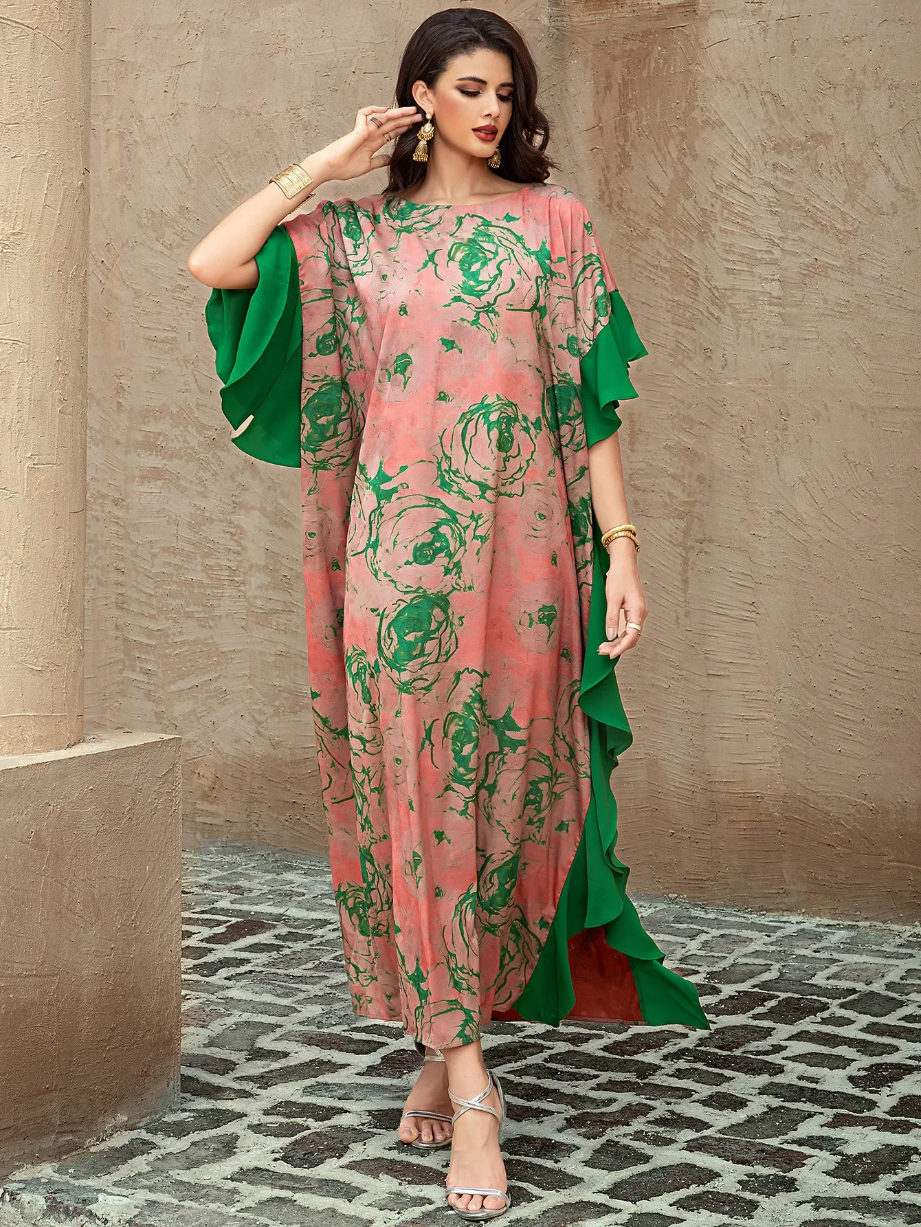 ラマダン ムスリム女性 プリントドレス アバヤ ドバイ カフタン フリル ケバヤ カフタン マロカン 女性用ローブ イスラム ジャラビーヤ イード ジェラバ ガウン