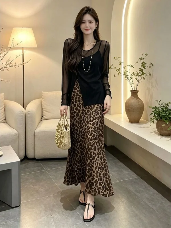 Fashionable Half-length Leopard Print Skirt with Asymmetrical Slit Women's Summer New Style Sun Protection Cover up Vintage