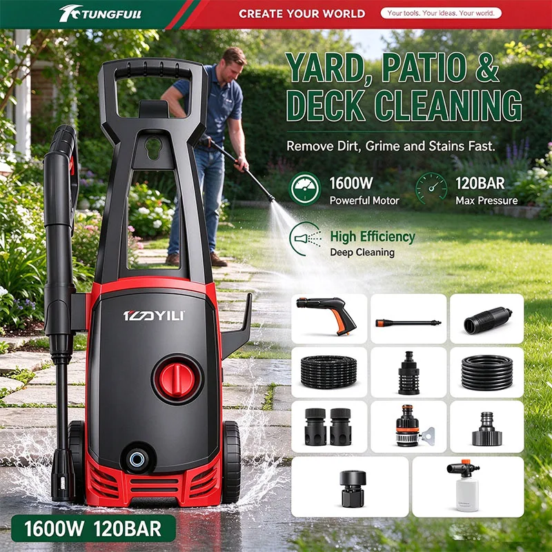 TUNGFULL 1600W High Pressure Washer Automatic Car Wash Pump 120 Bar Portable Electric Cleaner for Home Garden Car