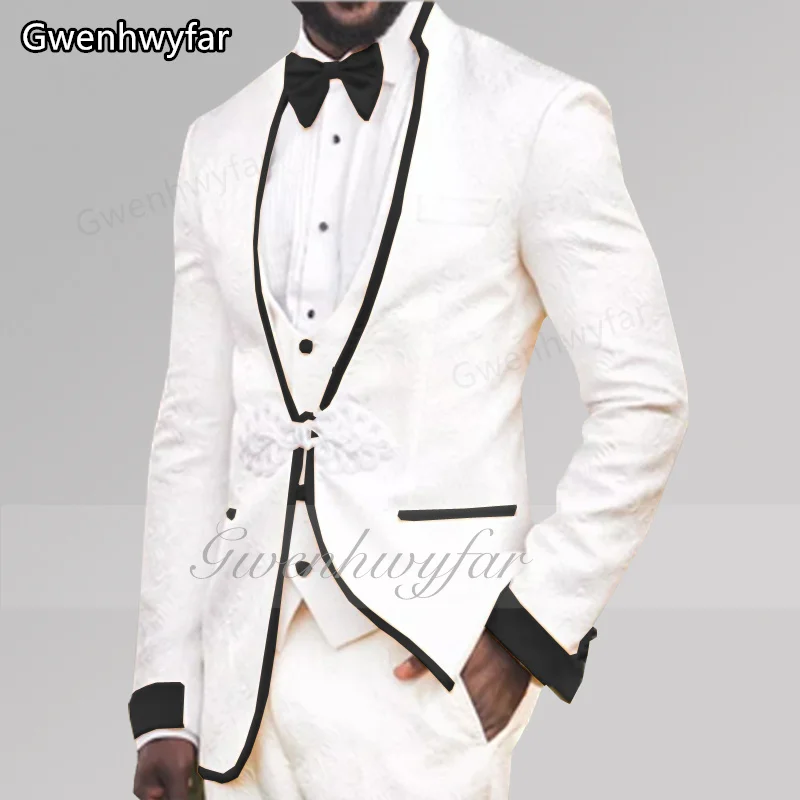 

Мужской костюм Gwenhwyar из 3 предметов: белый жаккардовый с красной отделкой на воротнике, свадебный смокинг на заказ, приталенный крой (пиджак+жилет+брюки) для вечеринок