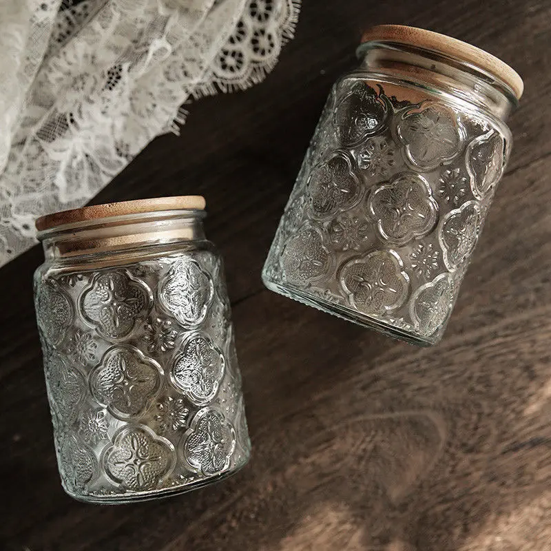 Sealed Glass Jars Retro Vintage Embossed Begonia Flower Food Storage Mason Jar Ornaments Kitchen Storage Can Grains Container