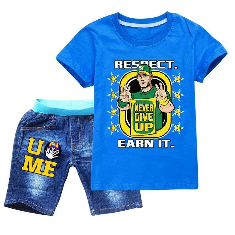 2023 여름 3-12세 남아 여아 의류 세트 아기 남자 존 시나 프린트 티셔츠 + 반바지 2종 아기 면 캐주얼 의류 세트