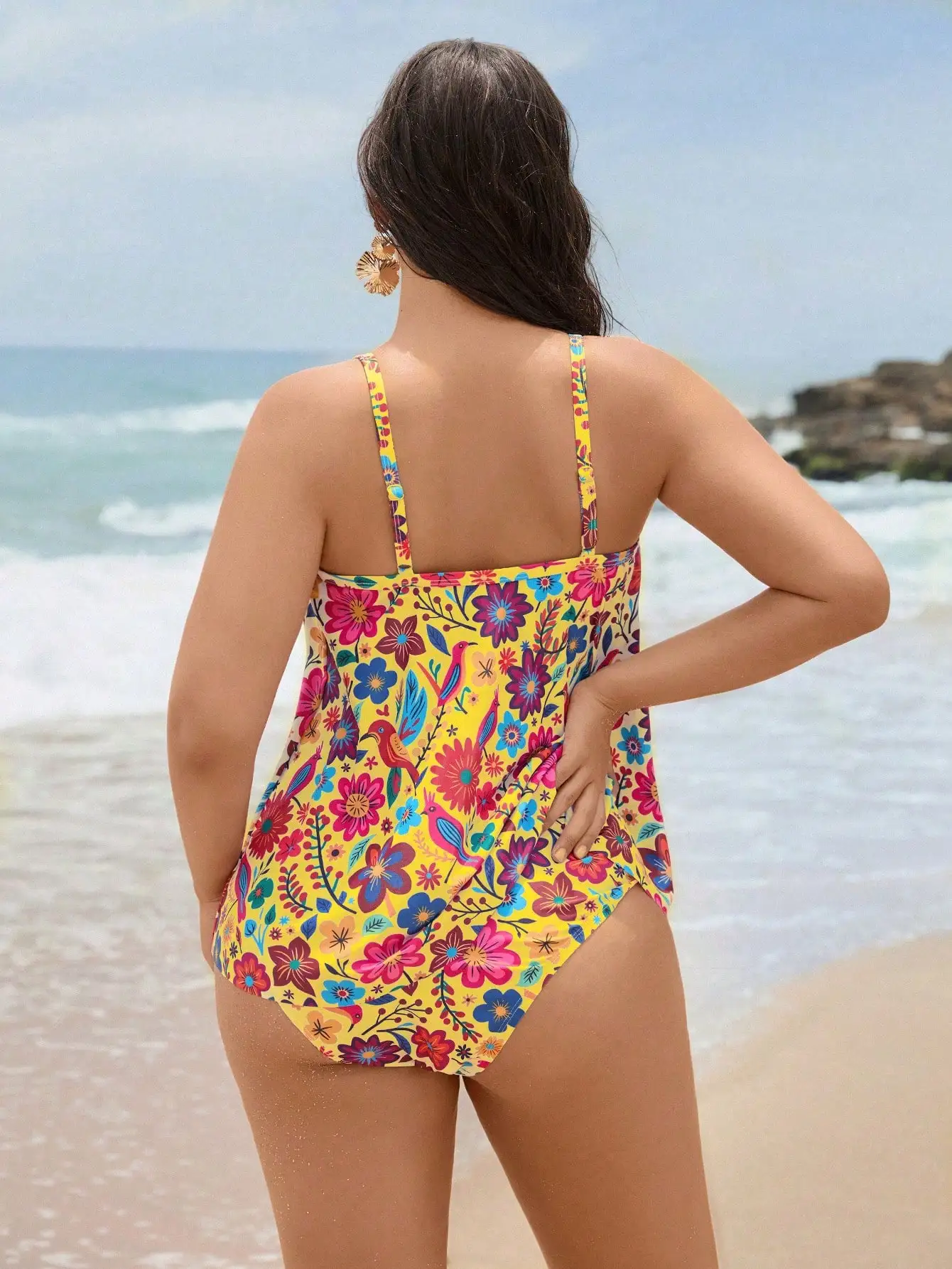 Plus Size Women Tankini Swimwear Set Printed High Waist Ruffled Two Pieces