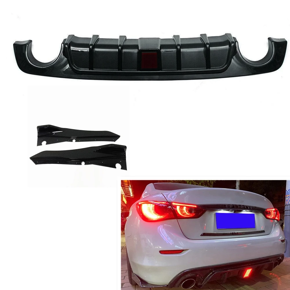 

For Infiniti Q50 2018-2020 Rear Bumper Diffuser Lip With LED Lamp+Boot Side Spoiler Splitter Cover Carbon Fiber Look Body Kit