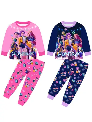 2pcs Movie K-pops Demons Hunters Kawaii Pajamas Set Girl Cosplay Nightwears Anime Long Sleeve tops+Pants Fans Halloween Gift