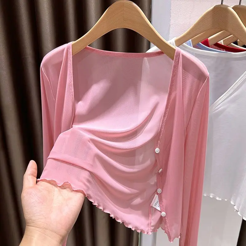 

plus Size Ice Silk Mesh Sun Protection Women's Cardigan Dress Outer Lace Shoulder Shawl Air Conditioning Top Short Sleeve V Neck