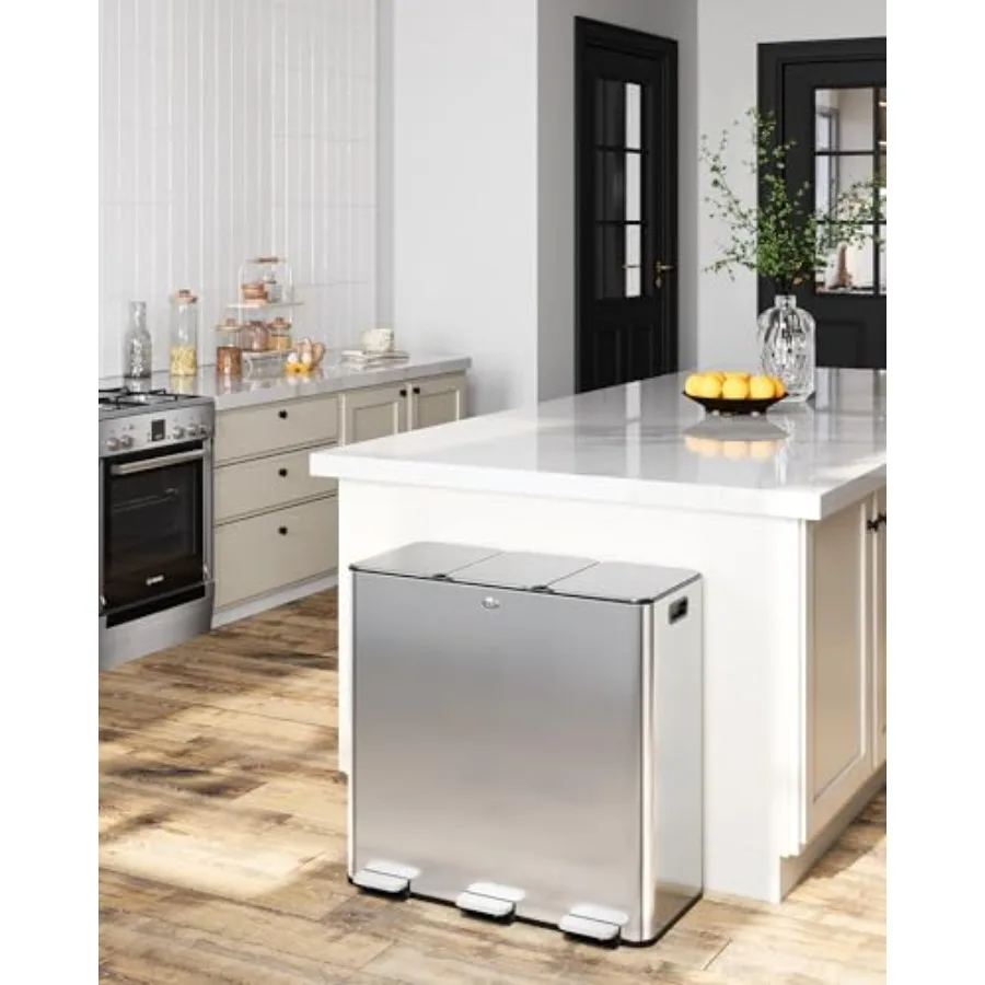 

90L 124 Gal 3 Compartment Pedal Kitchen Trash Can with Lids Stainless Steel Recycling Bin Odor Seal Removable Buckets for Offic