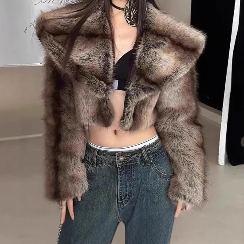 

Fall/Winter 2025 New Imitation Fur Jacket Women's Cropped Large Lapel Fox Fur Jacket