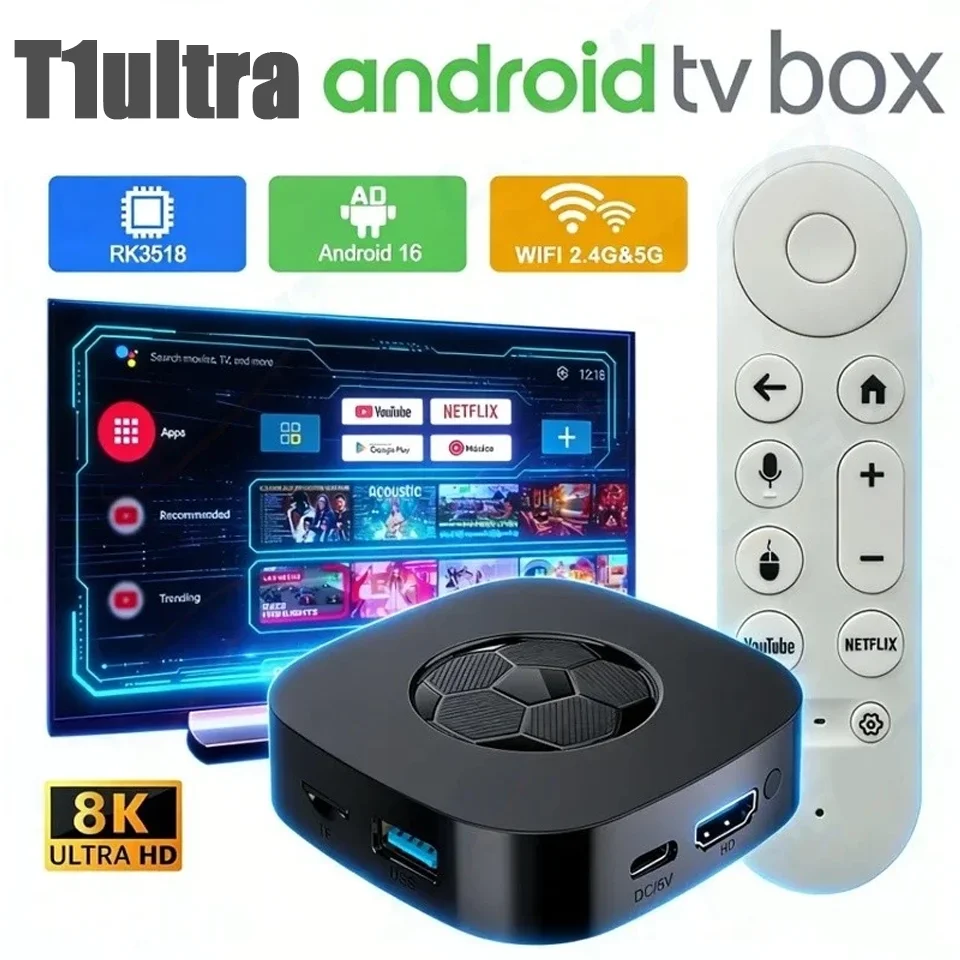 New T1 Ultra Android 16.0 OS Smart TV Box Support Dual Wifi 2.4G/5.8G 8+128G ROM 8K HD Streaming Media Player New 2026 Christmas