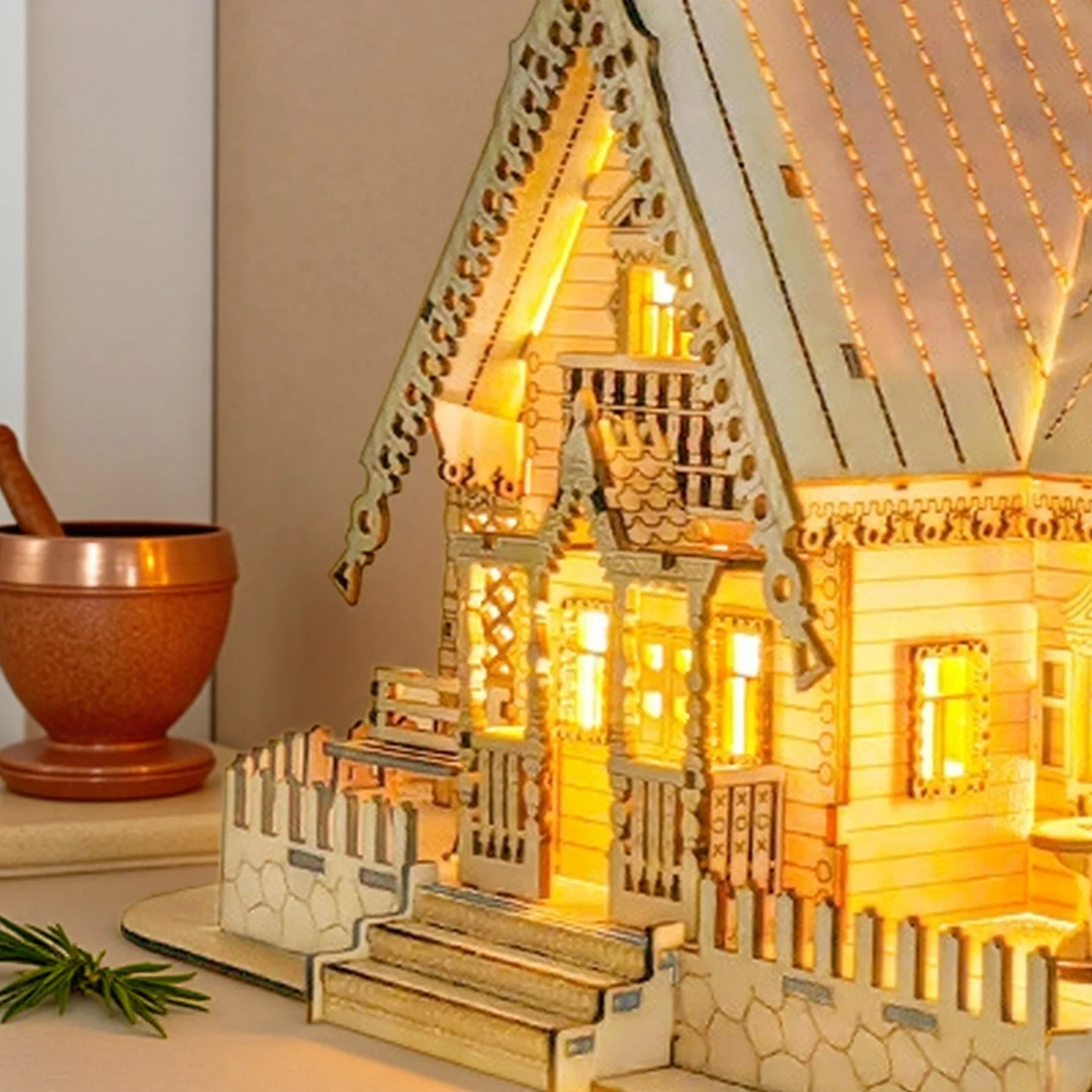 3D Wooden Villa Model Kit with Light Castle Assembly Toy for Kids & Adults DIY Desktop Decoration Creative Gift Idea