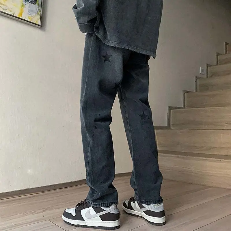 Black Printed Jeans Men's High Street Washed Straight Ripped Pants Autumn Trend Casual Wide Leg Male Jeans Pants Bootcut Jeans