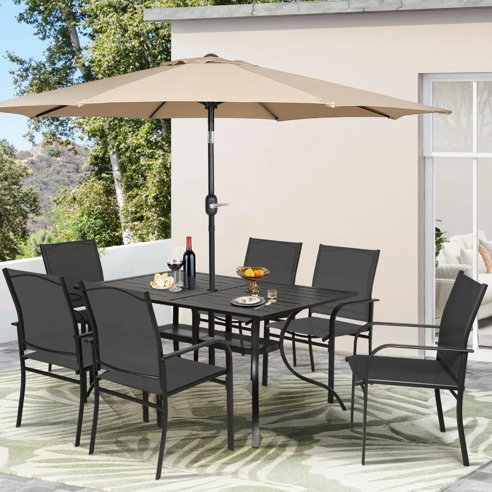 

7 Piece Patio Dining Set, Textilene Dining Sets, 6 Textilene Metal Chairs and Rectangular Outdoor Dining Table with Khaki 9FT R