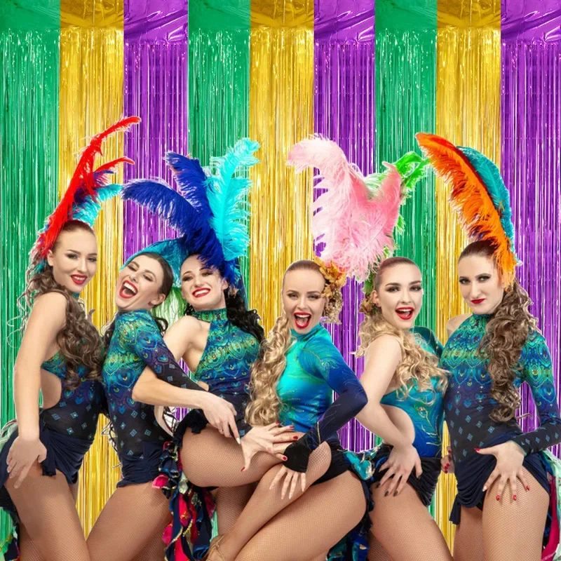 Mardi Gras Carnival Party Backdrops Decoration Green Gold Purple Rain Silk Foil Tinsel Curtain Hanging Holiday Party Wall Supply