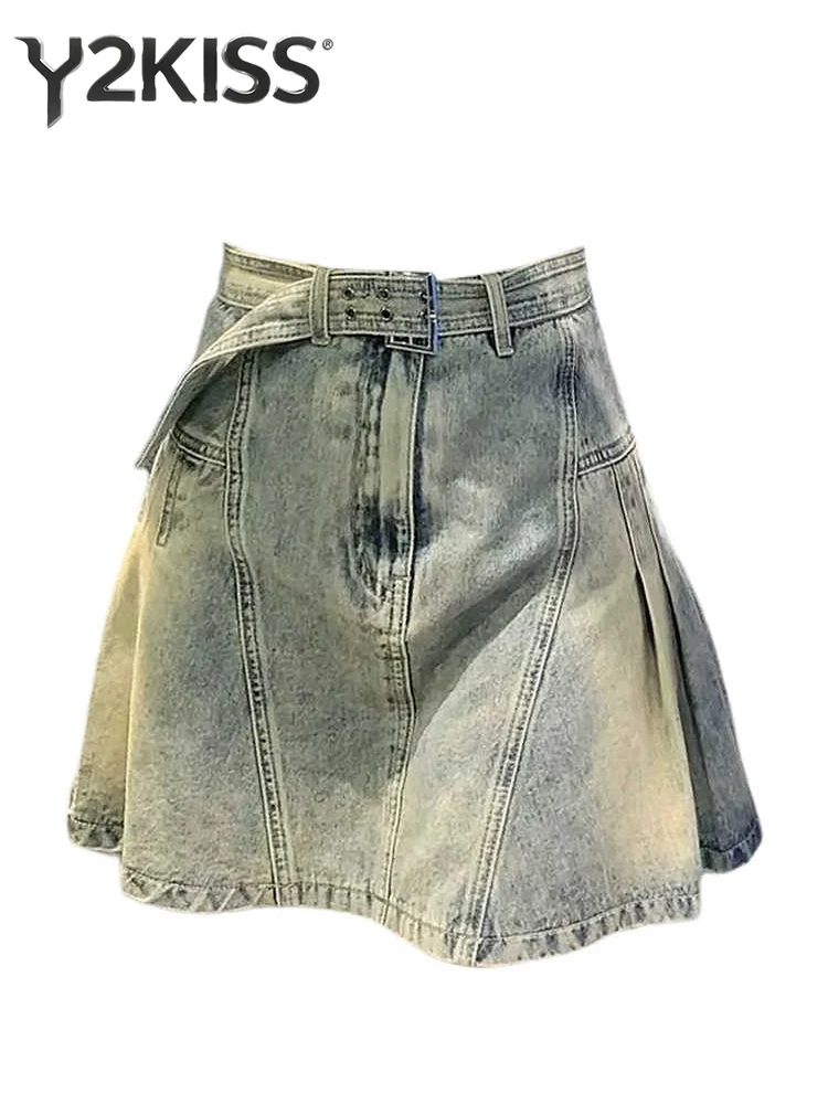 Women's Mini Skirt With Belt Denim A-line Korean Coquette 2000s Aesthetic American Retro Micro Skirt Cyber Punk Harajuku New