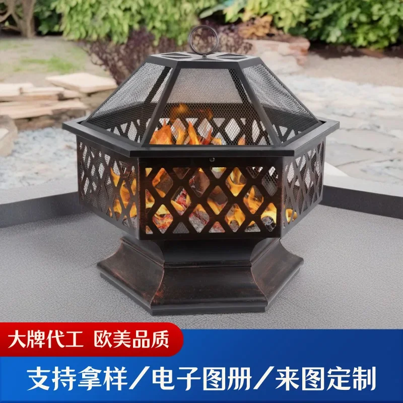 Hexagonal fireplace, outdoor backyard, barbecue grill, wood burning, firewood, campfire, heating stove