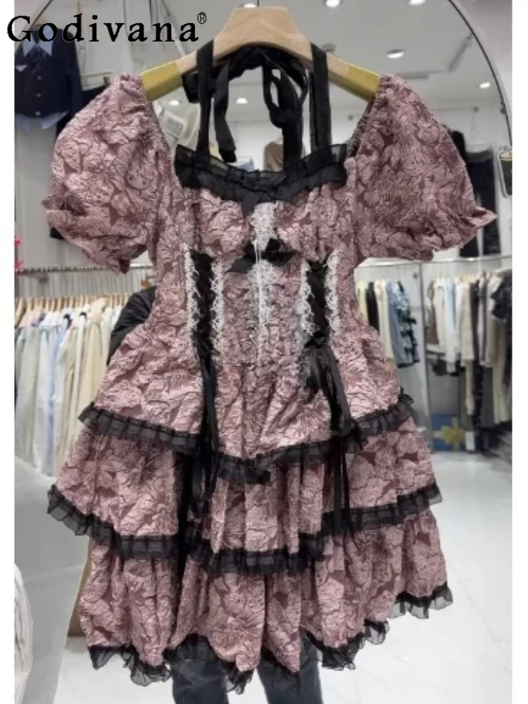 

2026 Summer Korean Chic Lace Puff Sleeve Lolita Dress Sweet Girl Fashion Square Collar High Waist A-line Cake Princess Dresses