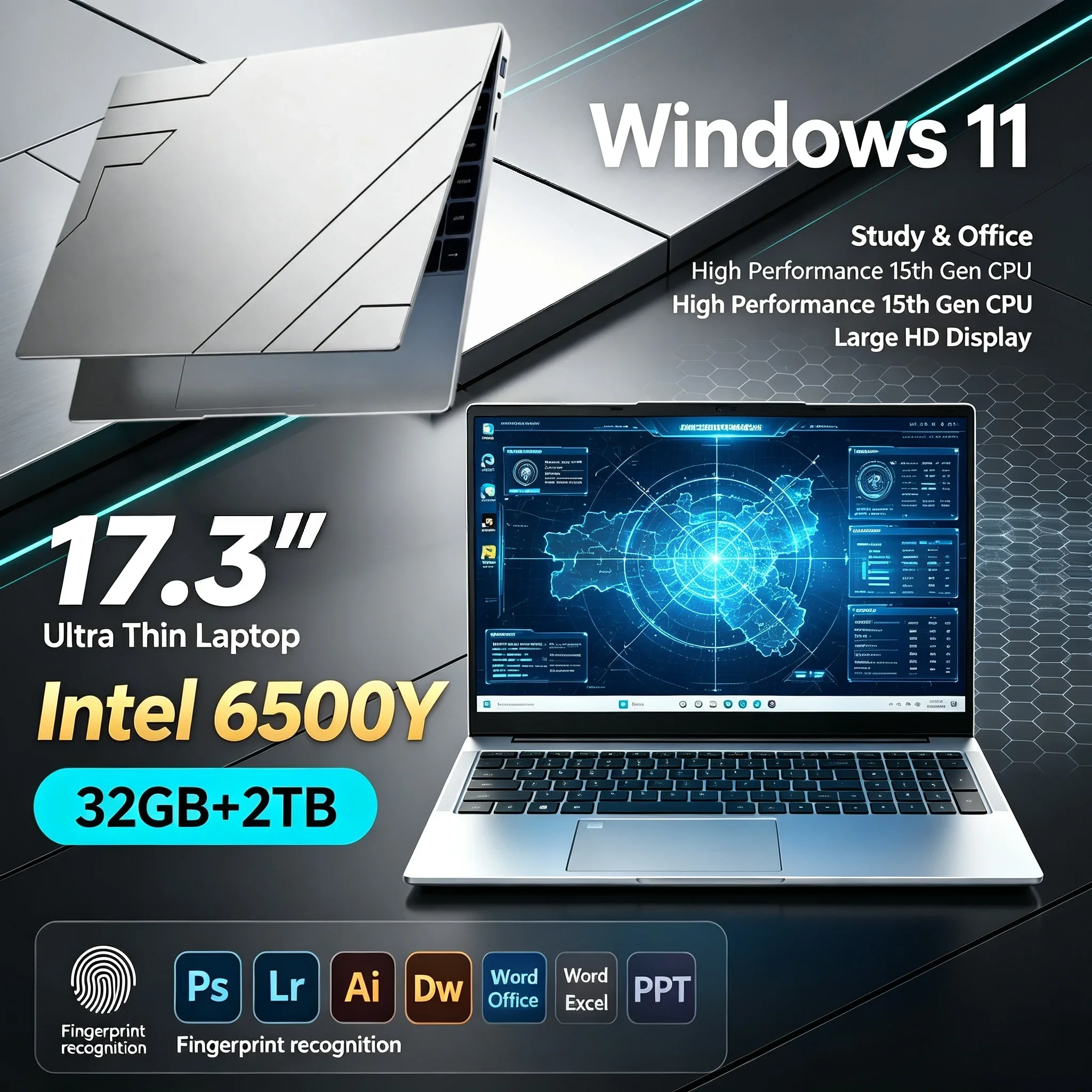 Intel 6500Y 17.3 Inch Big Screen Portable Laptop 32GB RAM 1TB/2TB SSD Win11 WiFi6 BT5.2 Backlit Keyboard Business Study Notebook