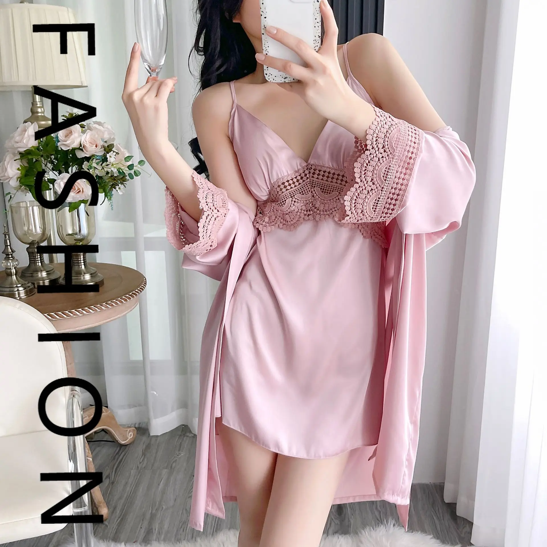 

Sexy ice silk pajamas women's spring and autumn long-sleeved lace pajamas summer with chest pads, beautiful back suspenders, paj