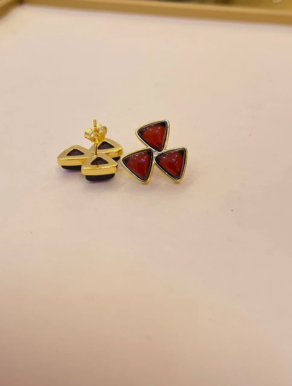 

Certificated 925 Silver Natural Baltic Red Amber Geometric Ear Stud Triangle Gemstone Waterproof Earring For Women Fine Jewelry