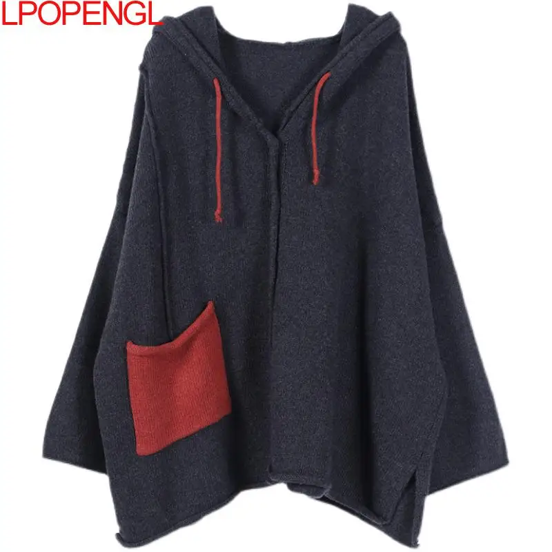 Imagem -04 - Suéter de Malha de Manga Batwing Feminino Cabolsa Solto Suéter Retalhamento Casual Streetwear Que Combina com Tudo com Capuz Outono 2024