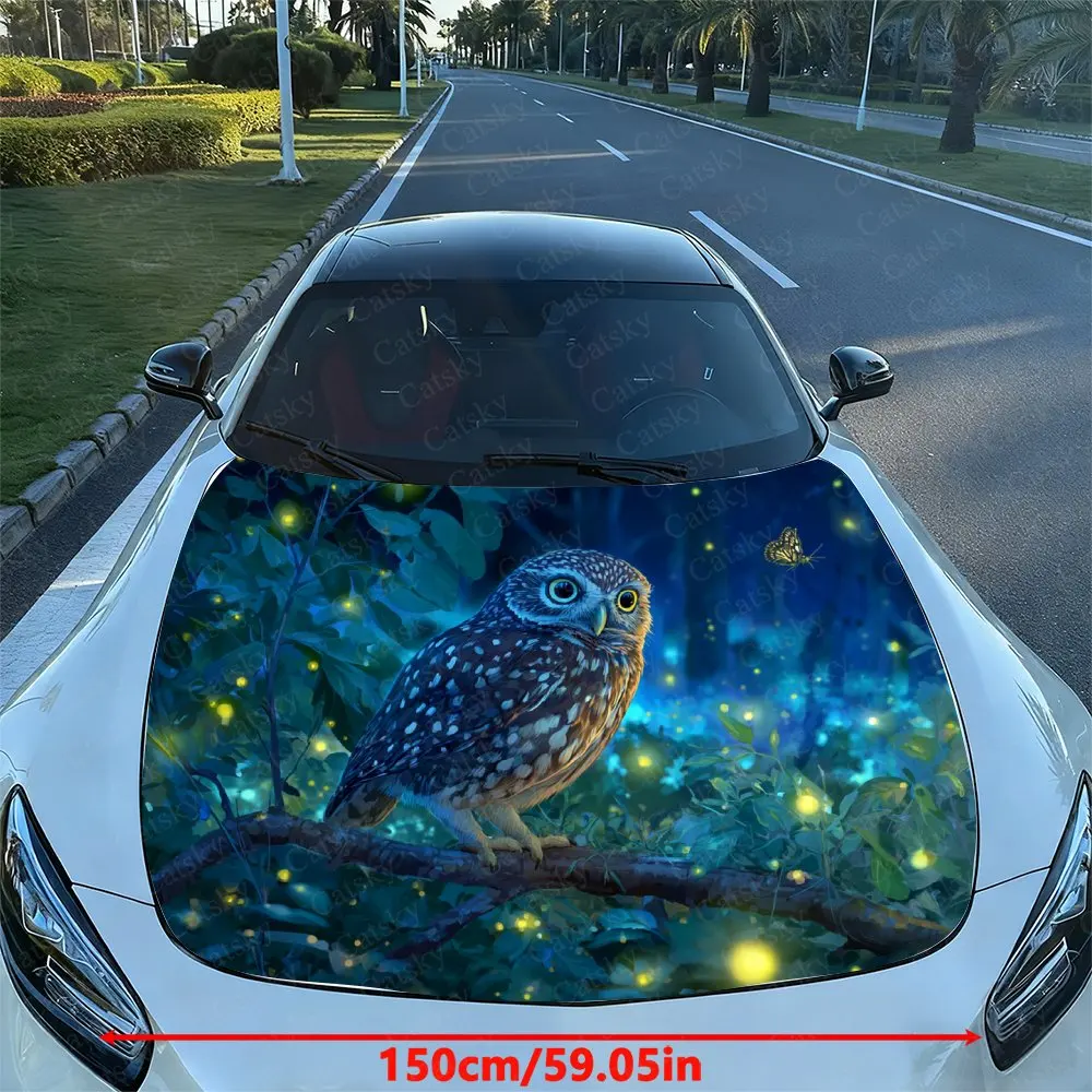 Owls And Fireflies Car Hood Sticker, Easy To Remove Durable Car Accessories, PVC Material Hood Sticker, Self-adhesive Waterproof