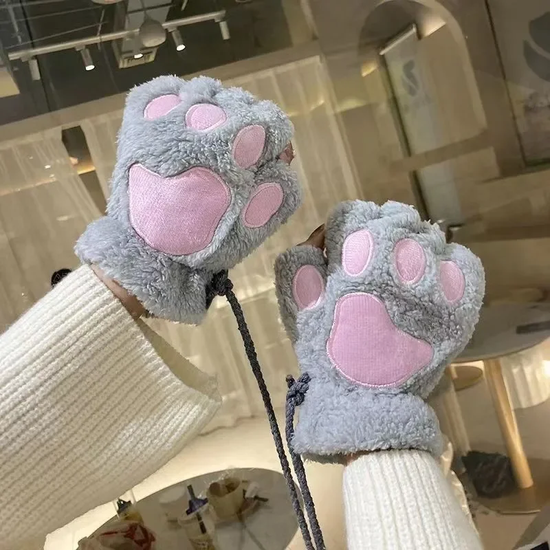 Kawaii Lolita Girls Cute Pink Cat Paw Plush Gloves Women Bear Claw Soft Warm Fingerless Mittens Panda Cos Half Finger Hand mitts