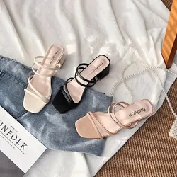 Women Sandals Ladies Square Heels Elegant Summer Slippers Outside Cross Tied Leather Female Slides 2024 Fashion Woman Sandals