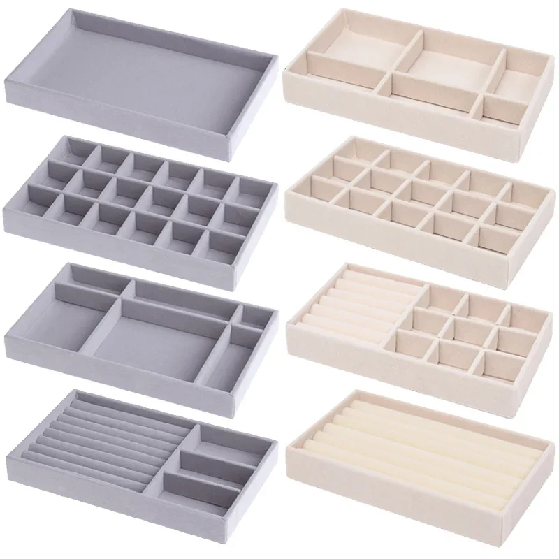 

Velvet Jewelry Tray Display Case Portable Holder Earring Necklace Packaging Box Grey Beige Stackable Jewelry Organizer Boxes