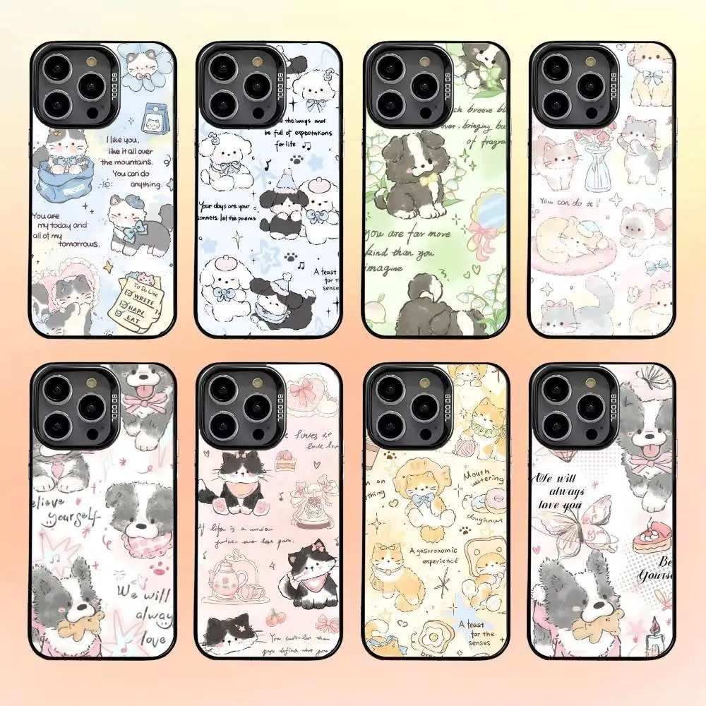 حافظة هاتف كلب مصورة لطيفة لهاتف آيفون 16 15 14 13 12 برو ماكس رمادي أسود غير لامع ليزر معدني أورورا فوندا