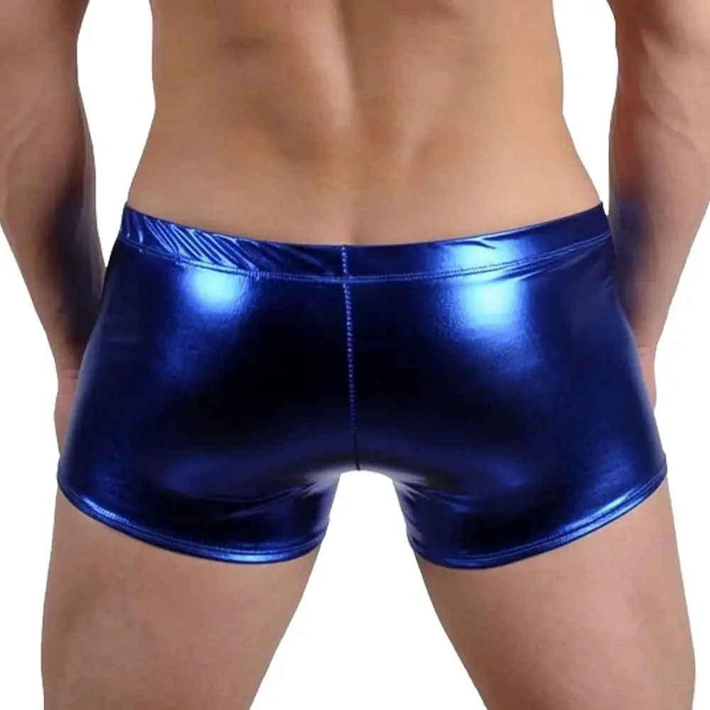 Men PU Leather Boxers Swimwear Metallic Shiny Underpant Swim Boxers Beach Shorts Lace Underwear Bikinis Swimsuits Swim Trunks