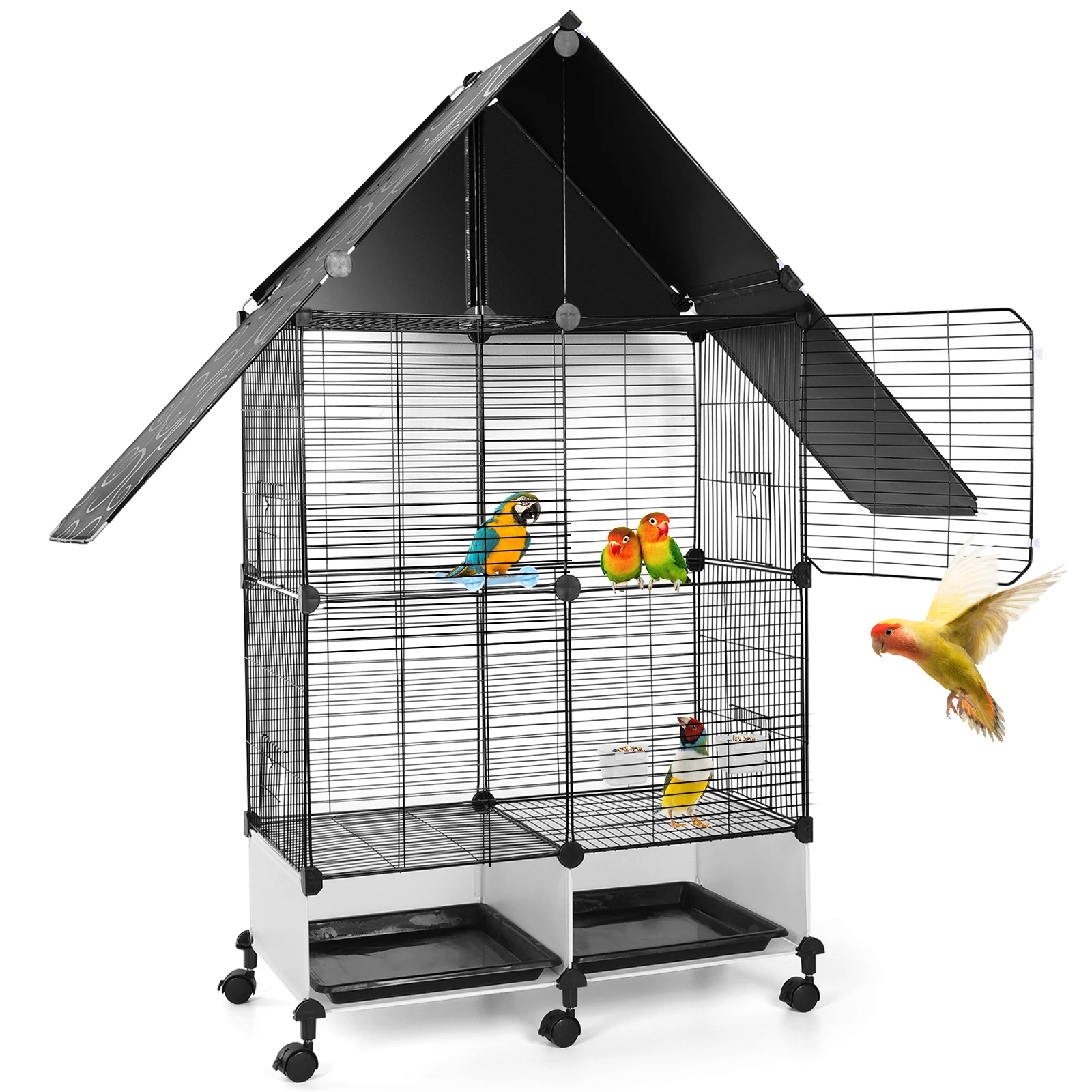 

Клетка для птиц увеличенного размера, 50 дюймов, металлическая клетка для попугаев с подвижной подставкой, выдвижным поддоном и кормушками для неразлучников (черная)