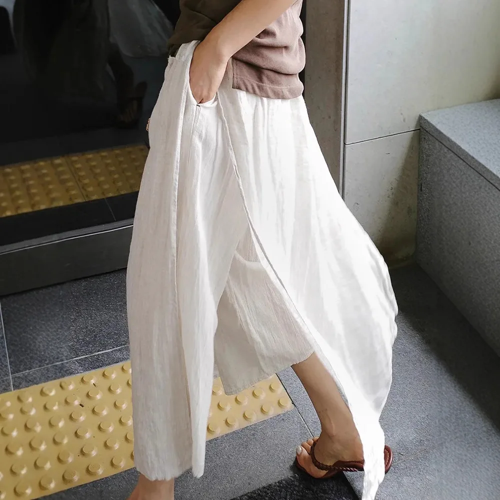 

2026 New Summer Women's Cotton Linen Fake Two Piece Wide Leg Pants Plus Size Split Hem Elastic Waist Cropped Palazzo Pants