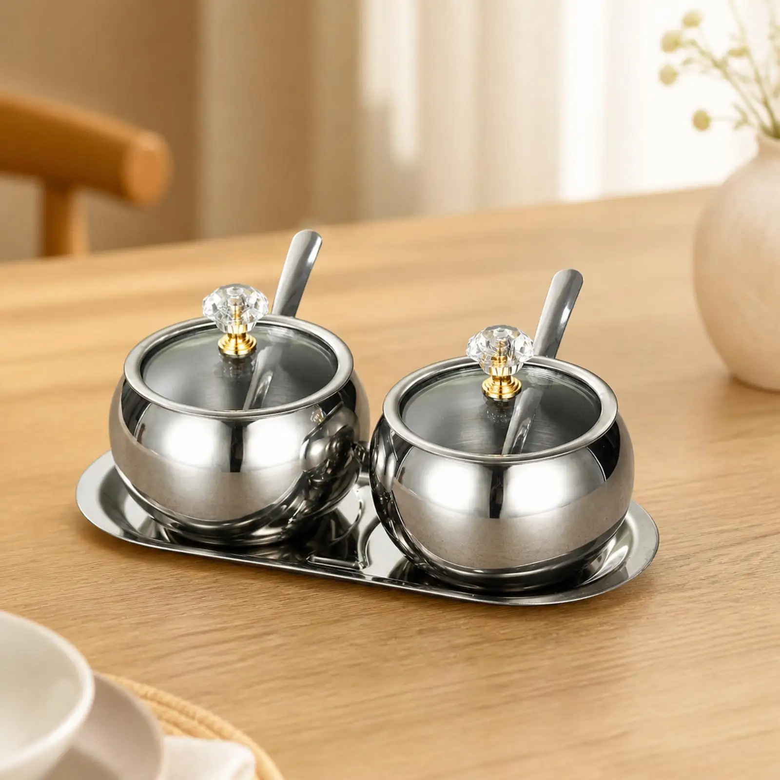 Stainless Steel Kitchen Condiment Holder Fabric Pot with Glass Insert and Spoon for Spice Storage and Serving