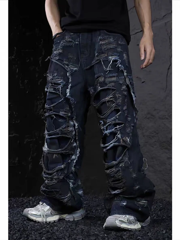 

Men's Vintage Worn-look Wide Leg Jeans Spring Autumn Trendy Destructed Floor-length Hip Hop Pants Loose Fit Casual Sle