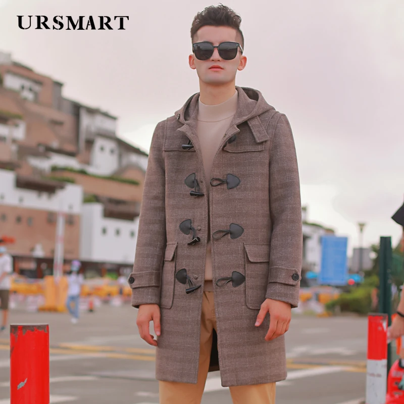 wool tweed coat horn button hooded men's 2024 new classic thickened English check casual winter men's coat