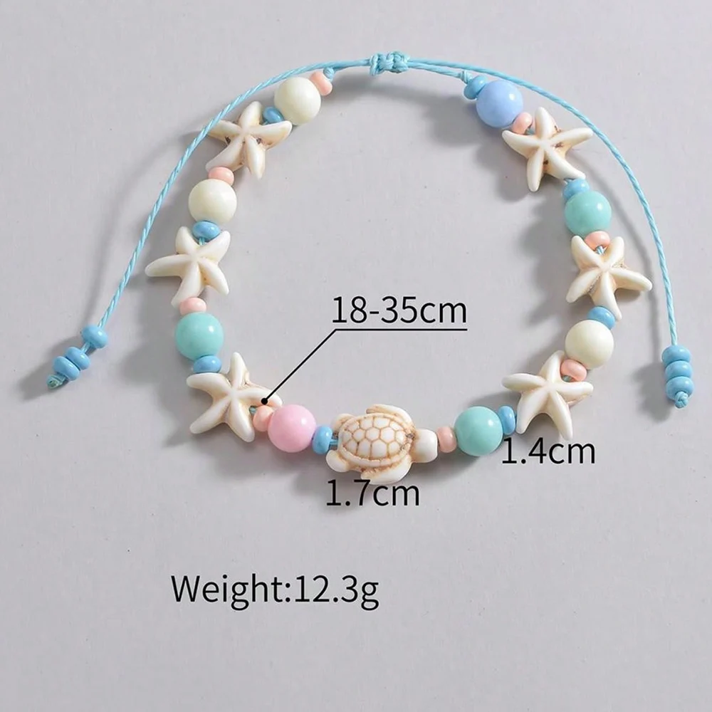 Neon Pink Color Flower Shell String Weaving Handmade Anklet Starfish Shell Turtle Charm Adjustable Anklet Summer Beach Jewelry