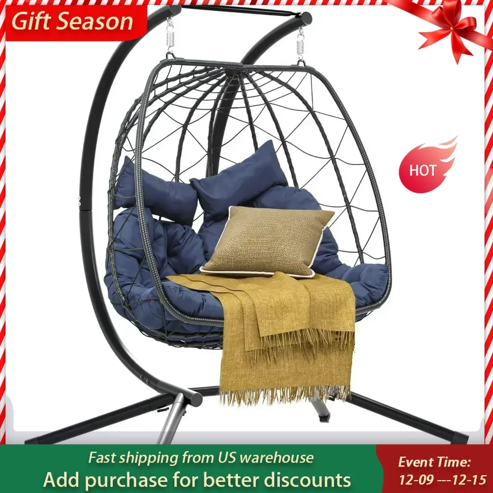 Doule Egg Hanging Swing Chair with Stand Egg Chair Wicker Indoor Outdoor Hammock Egg Chair with Cushions, for Living Room