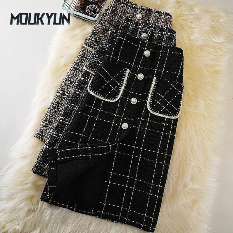 

Woolen Plaid Skirt 3Color S-XXL Female High Waist Pocket Split Mid-length Office One-step Women Skirts