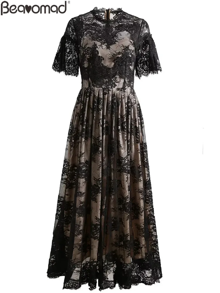 

Svoryxiu Summer Runway Designer Vintage Black Color Lace Hollow Out Ankle-Length Dress Women's Short Sleeve High Waist Dress